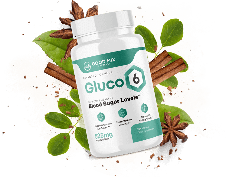 Bottle of Gluco6 dietary supplement with natural ingredients for blood sugar support.