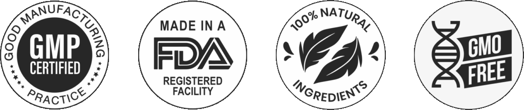 Certifications and quality seals for GutOptim, including GMP Certified, FDA Registered Facility, 100% Natural Ingredients, and GMO Free.
