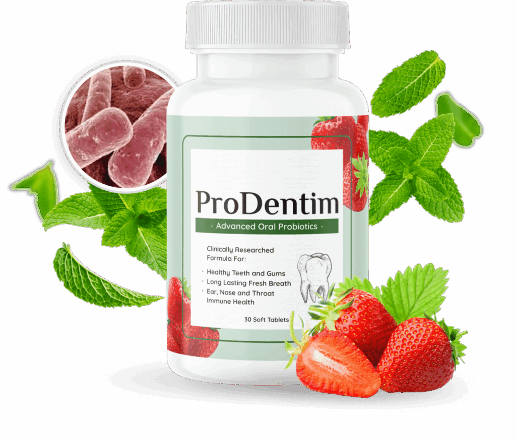 Bottle of ProDentim Advanced Oral Probiotics with strawberries and mint leaves.