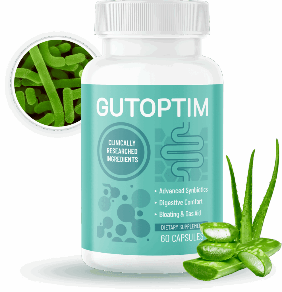 GutOptim supplement bottle with capsules and aloe vera leaves for digestive health