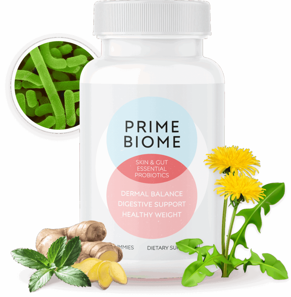 PrimeBiome bottle with natural ingredients like ginger and dandelion.