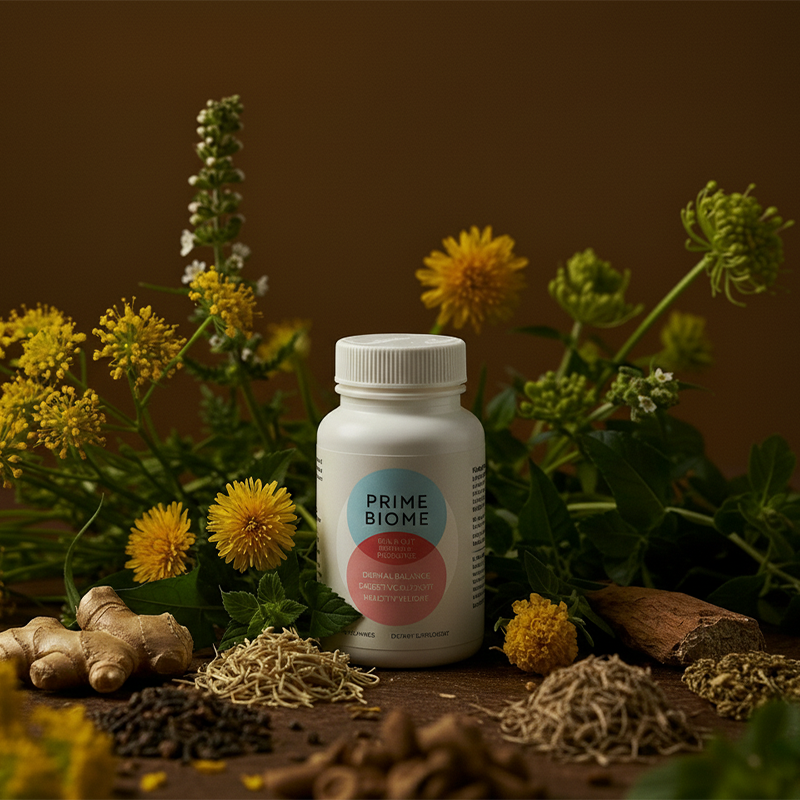 Bottle of PrimeBiome Probiotic Gummies with natural ingredients like ginger and dandelion.