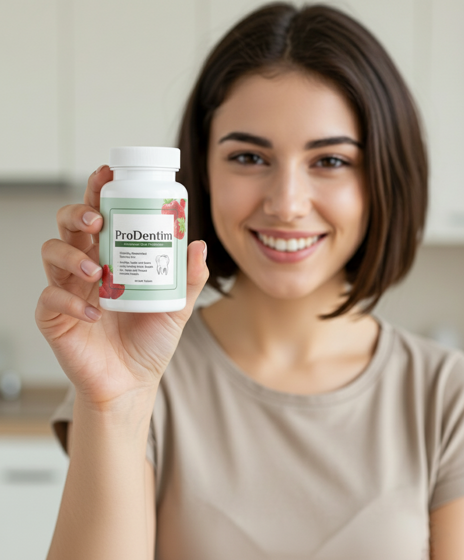Smiling woman holding a bottle of ProDentim.