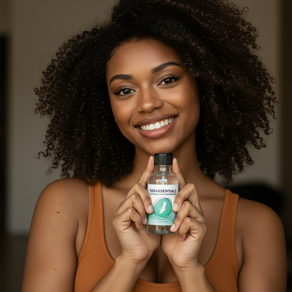 A smiling woman with curly hair holding a bottle of Kerassentials, representing a satisfied user.