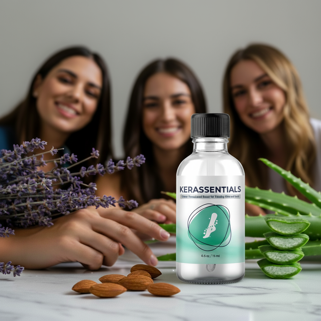 A bottle of Kerassentials natural nail and skin support oil, surrounded by fresh mint leaves, almonds, and walnuts, highlighting its natural ingredients.