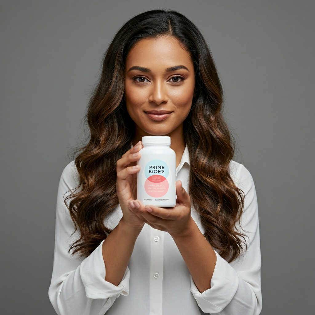 Smiling woman holding a bottle of PrimeBiome Probiotic Gummies.